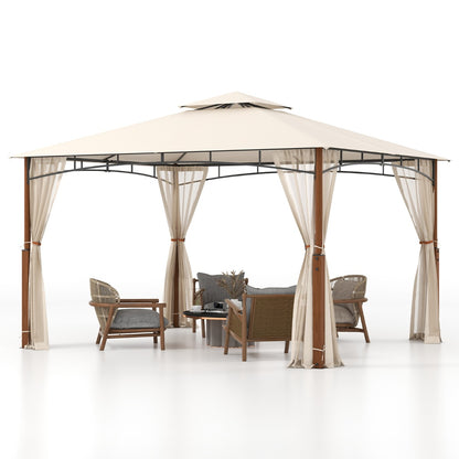 3.6M x 3M Outdoor Patio Gazebo with Netting and 2-Tier Canopy Roof-Beige