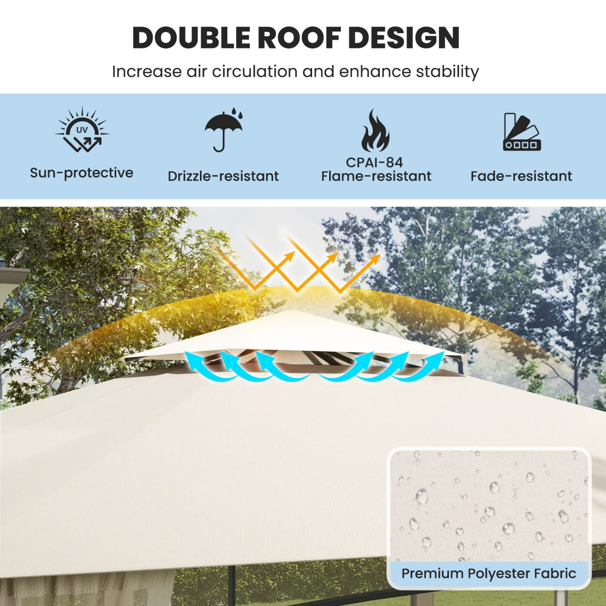 3.6M x 3M Outdoor Patio Gazebo with Netting and 2-Tier Canopy Roof-Beige