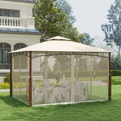 3.6M x 3M Outdoor Patio Gazebo with Netting and 2-Tier Canopy Roof-Beige