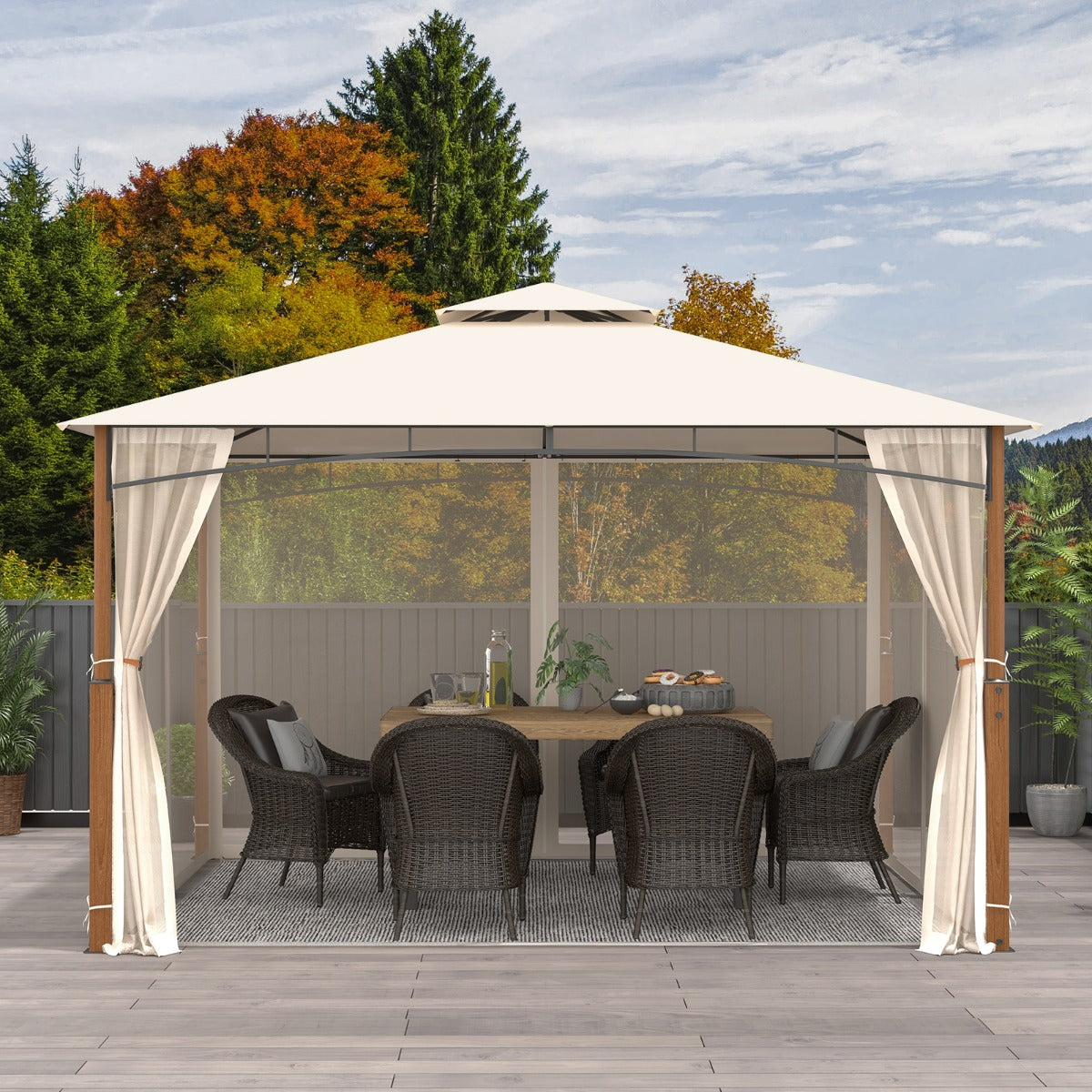 3.6M x 3M Outdoor Patio Gazebo with Netting and 2-Tier Canopy Roof-Beige