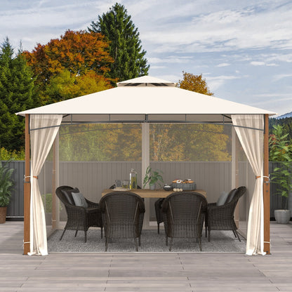 3.6M x 3M Outdoor Patio Gazebo with Netting and 2-Tier Canopy Roof-Beige
