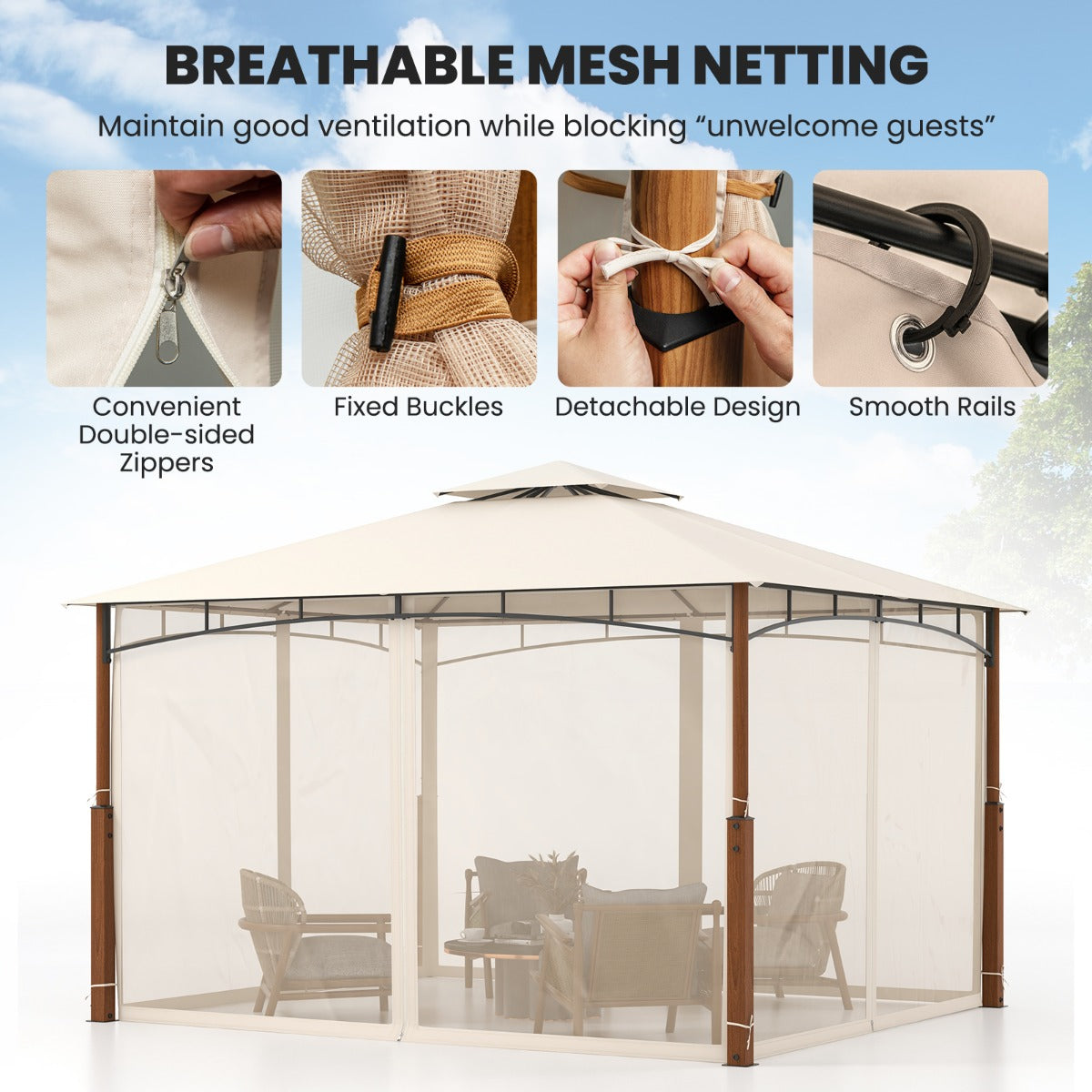 3.6M x 3M Outdoor Patio Gazebo with Netting and 2-Tier Canopy Roof-Beige