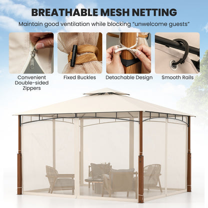 3.6M x 3M Outdoor Patio Gazebo with Netting and 2-Tier Canopy Roof-Beige