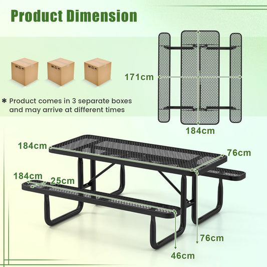 Heavy-duty outdoor picnic table set with two benches, seating up to eight guests for meals and gatherings