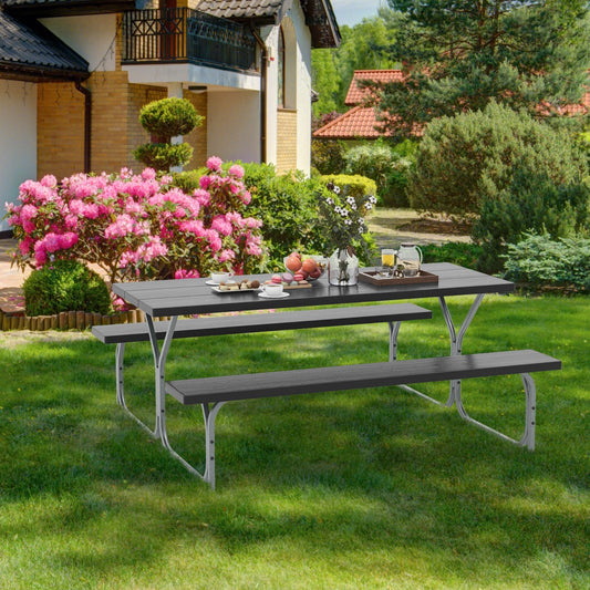 Costway Outdoor Picnic Table Bench Set with HDPE Tabletop and Umbrella Hole-Black