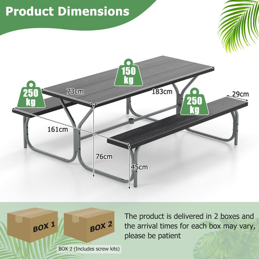 Rectangular outdoor picnic table with HDPE tabletop and two long benches for family gatherings