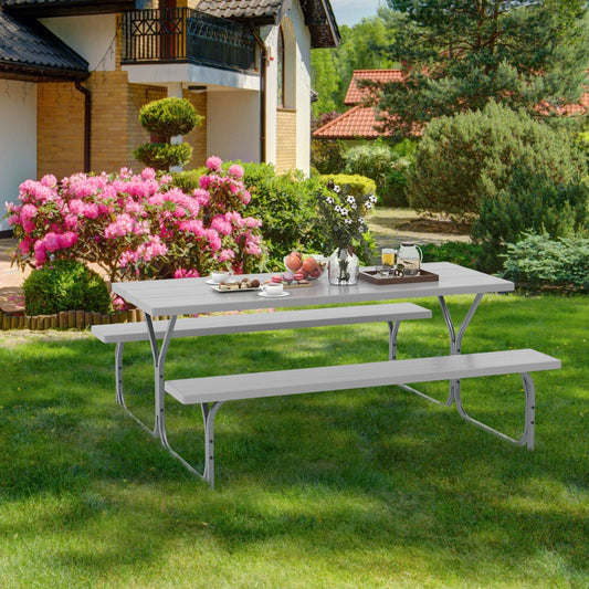 Costway Outdoor Picnic Table Bench Set with HDPE Tabletop and Umbrella Hole-Grey