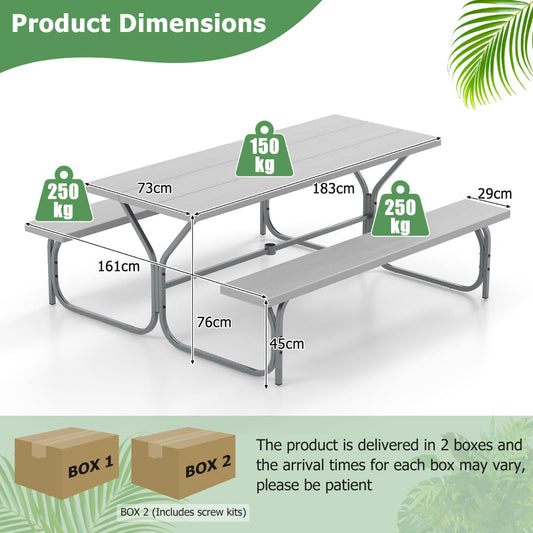 Rectangular outdoor picnic table with HDPE tabletop and two long benches for family gatherings
