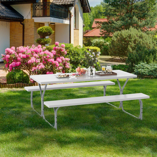 Costway Outdoor Picnic Table Bench Set with HDPE Tabletop and Umbrella Hole-White