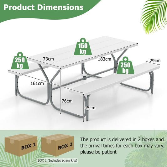 Rectangular outdoor picnic table with HDPE tabletop and two long benches for family gatherings