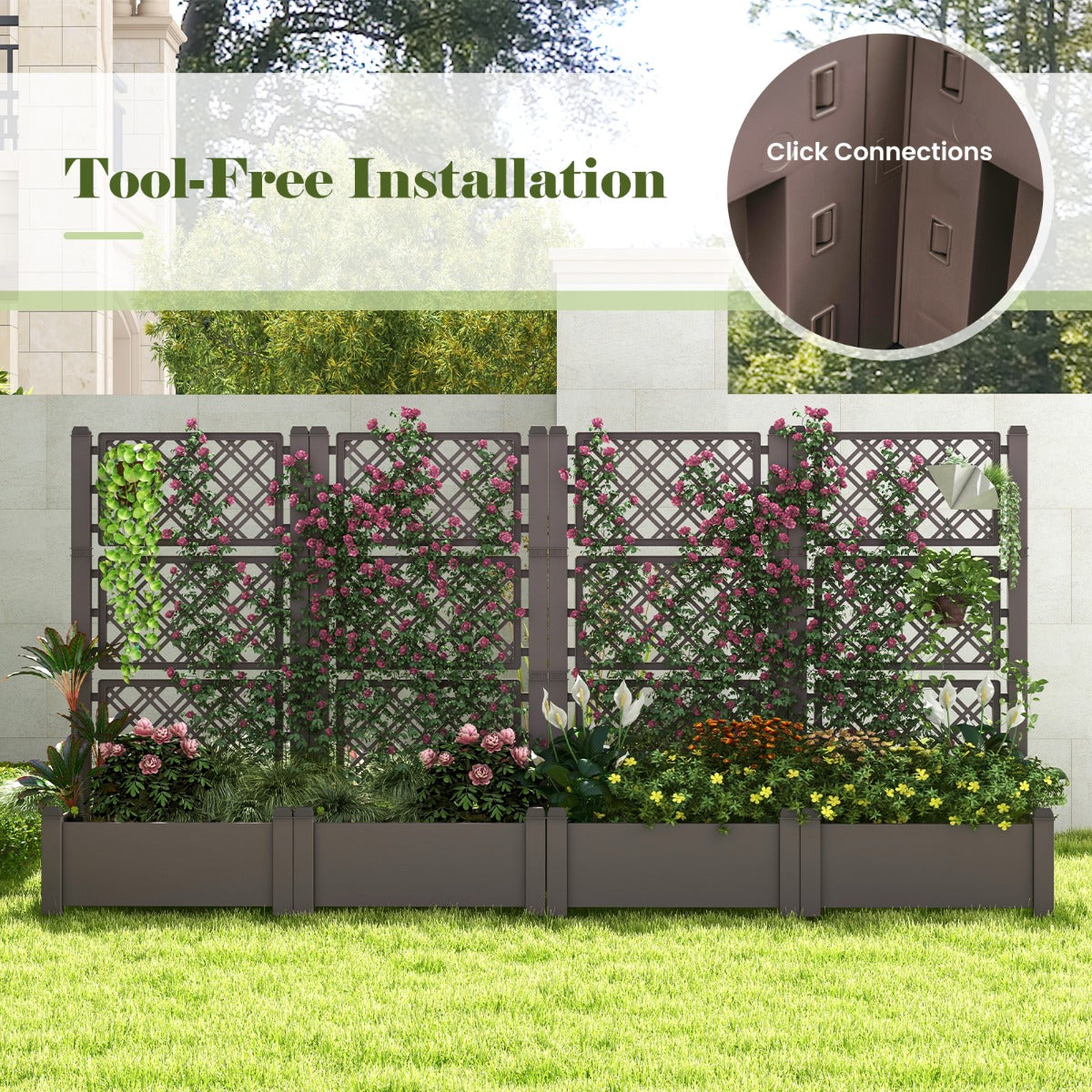 Costway Outdoor Planter Box Self-Watering Raised Garden Bed Trellis  with 3-Height Trellis-Coffee
