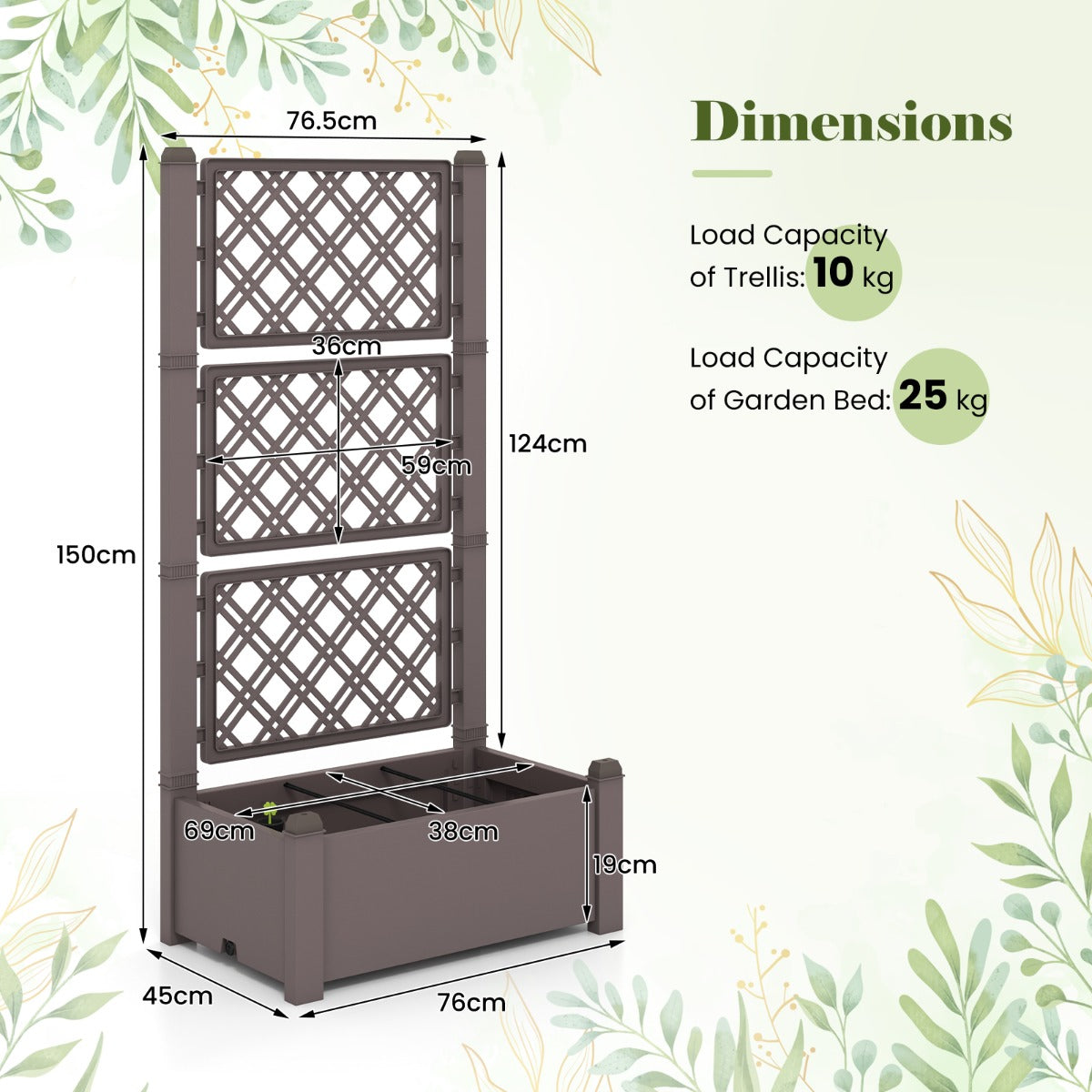 Costway Outdoor Planter Box Self-Watering Raised Garden Bed Trellis  with 3-Height Trellis-Coffee