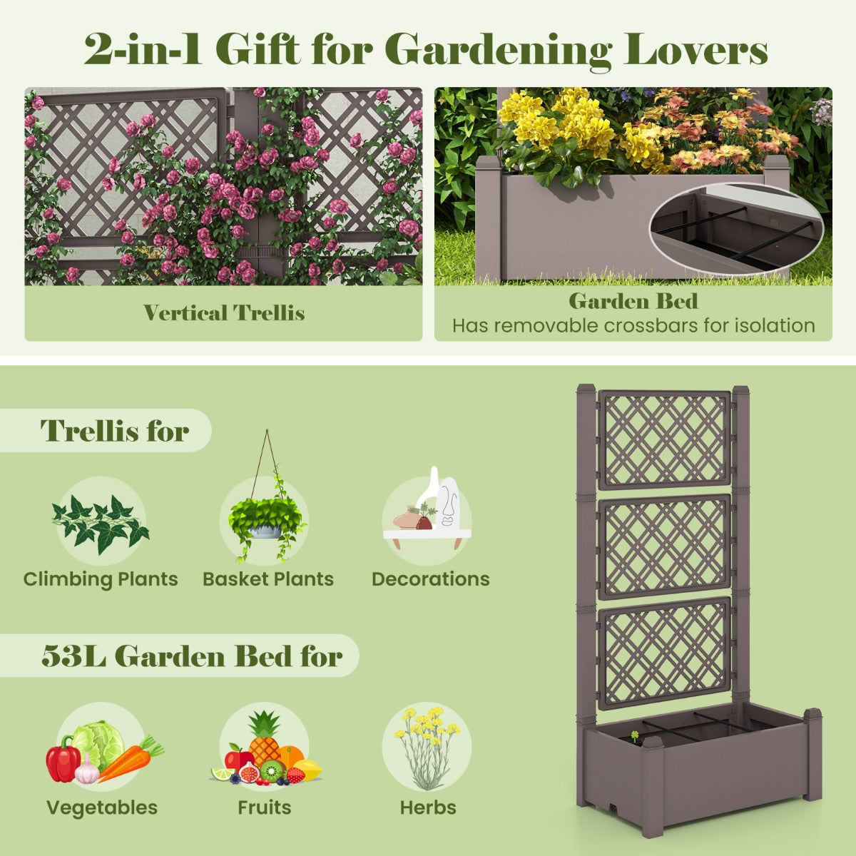 Costway Outdoor Planter Box Self-Watering Raised Garden Bed Trellis  with 3-Height Trellis-Coffee