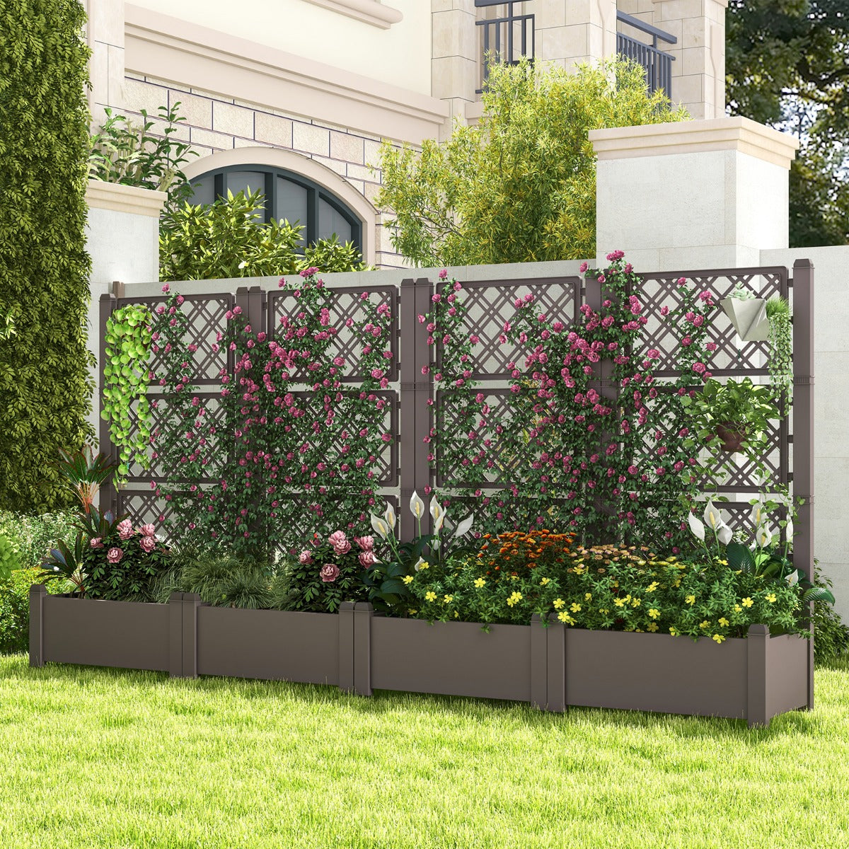 Costway Outdoor Planter Box Self-Watering Raised Garden Bed Trellis  with 3-Height Trellis-Coffee