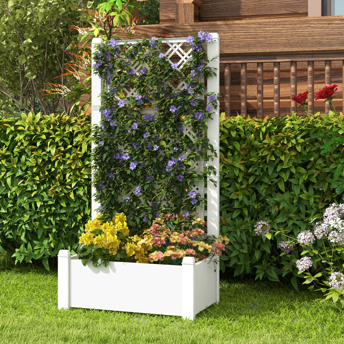 Spacious raised planter supports flowers, vegetables, herbs, fruits, cucumbers, ivy, and clematis