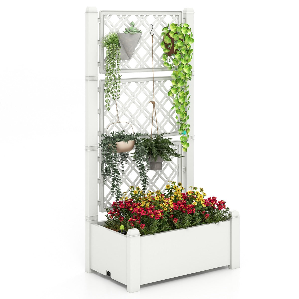 Three-position trellis adjusts to 150, 113, or 76 cm for climbing plants and vines