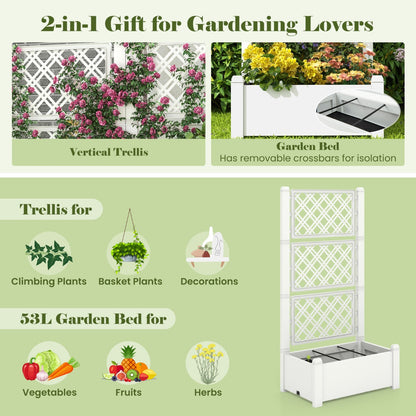 Costway Outdoor Planter Box Self-Watering Raised Garden Bed Trellis  with 3-Height Trellis-White