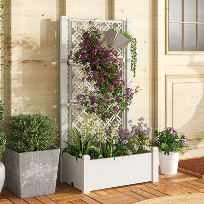 Costway Outdoor Planter Box Self-Watering Raised Garden Bed Trellis  with 3-Height Trellis-White