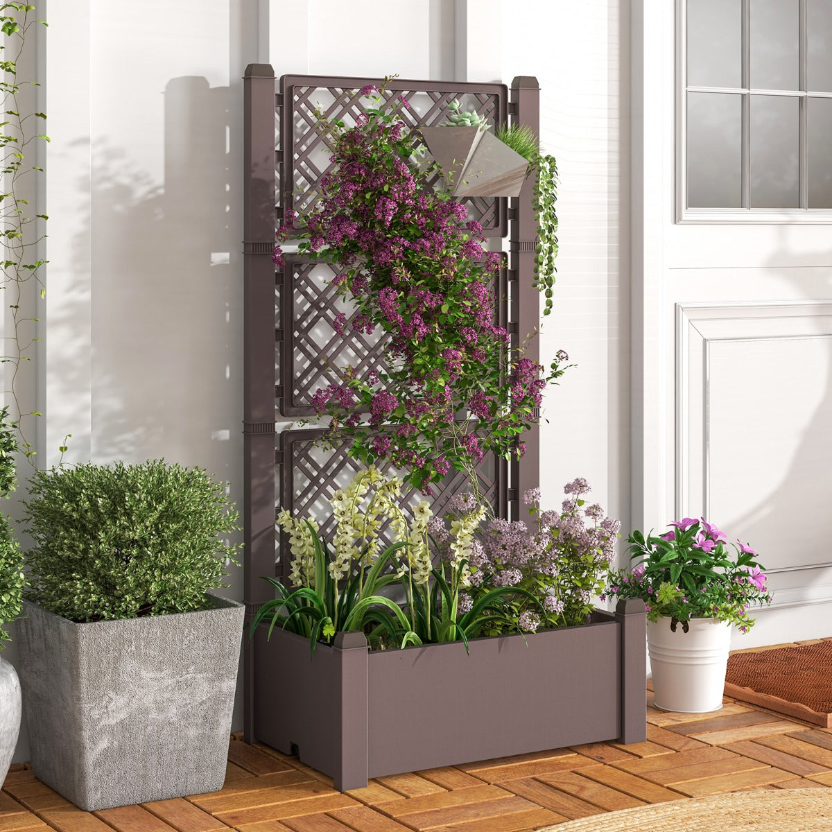 Costway Outdoor Planter Box Self-Watering Raised Garden Bed Trellis  with 3-Height Trellis-Coffee