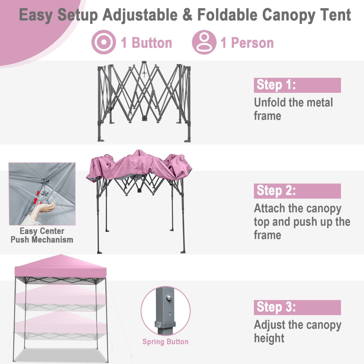 2 x 2m UPF 50+ Outdoor Pop-up Canopy with Adjustable Heights &amp; Carry Bag-Pink
