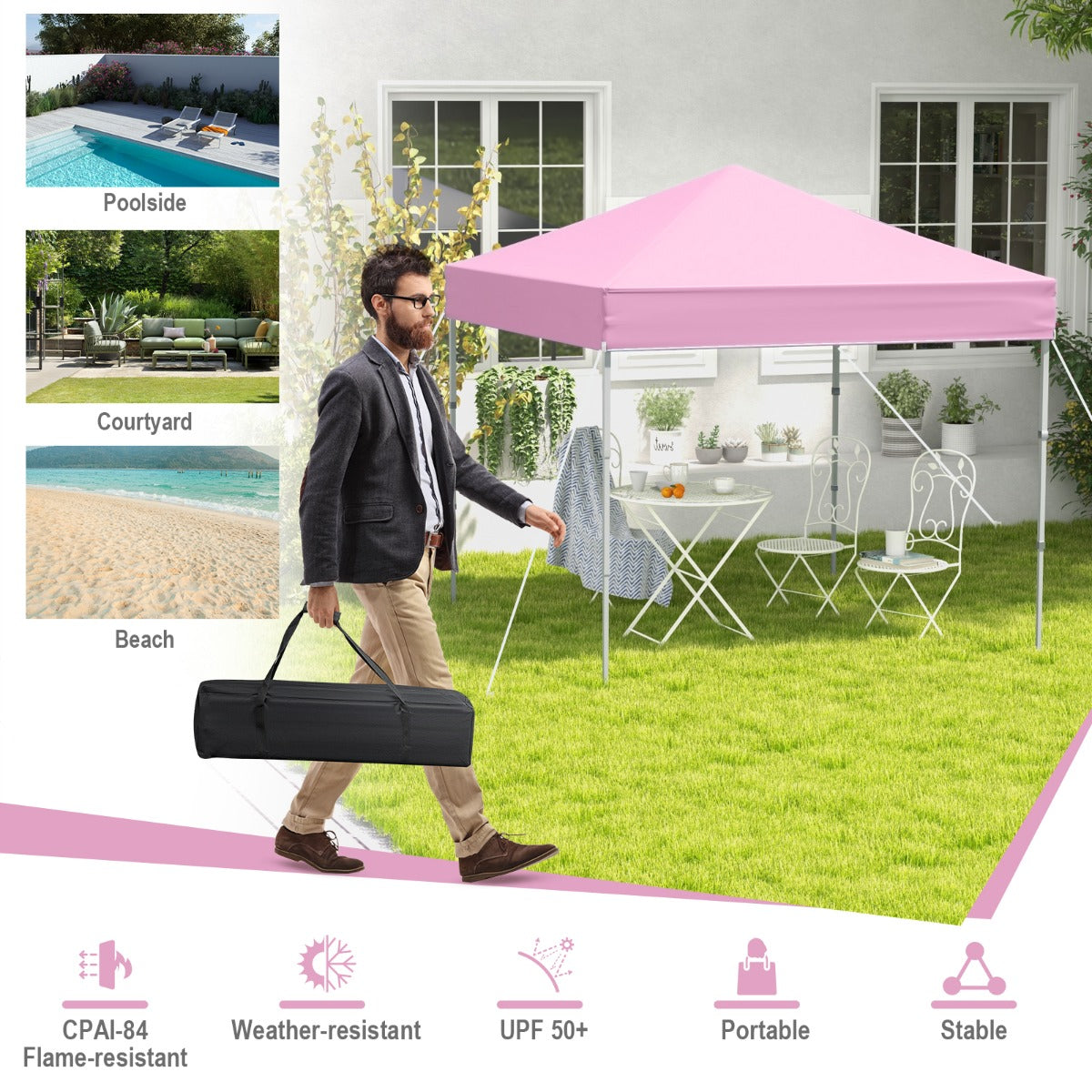 2 x 2m UPF 50+ Outdoor Pop-up Canopy with Adjustable Heights &amp; Carry Bag-Pink