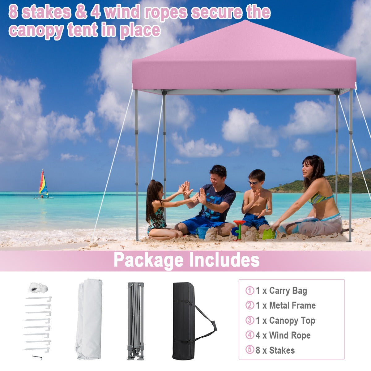 2 x 2m UPF 50+ Outdoor Pop-up Canopy with Adjustable Heights &amp; Carry Bag-Pink