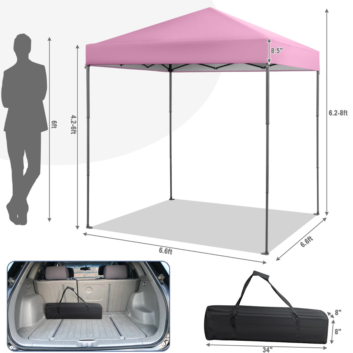 2 x 2m UPF 50+ Outdoor Pop-up Canopy with Adjustable Heights &amp; Carry Bag-Pink