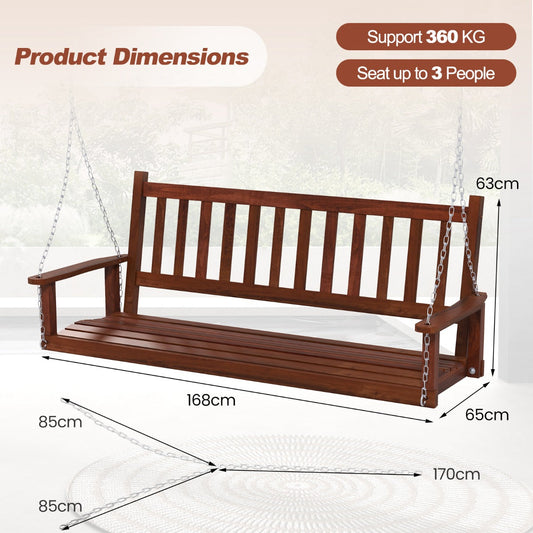 Solid poplar wood porch swing with comfortable curved seat, slatted backrest, and adjustable metal chains