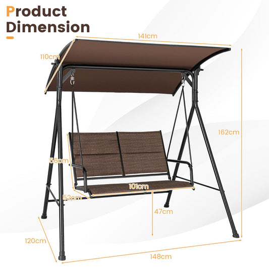 Two-seat porch swing includes a soft cotton cushion for comfortable outdoor relaxation with family or friends