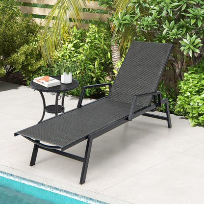 Costway Outdoor Rattan Chaise Lounge Reclining Chair with Armrests and 5-Position Backrest-Brown