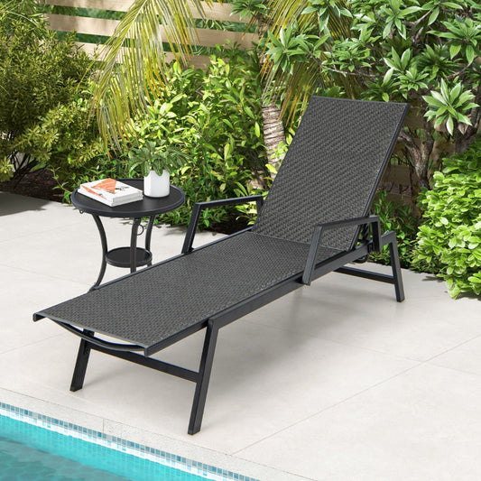 Costway Outdoor Rattan Chaise Lounge Reclining Chair with Armrests and 5-Position Backrest-Brown