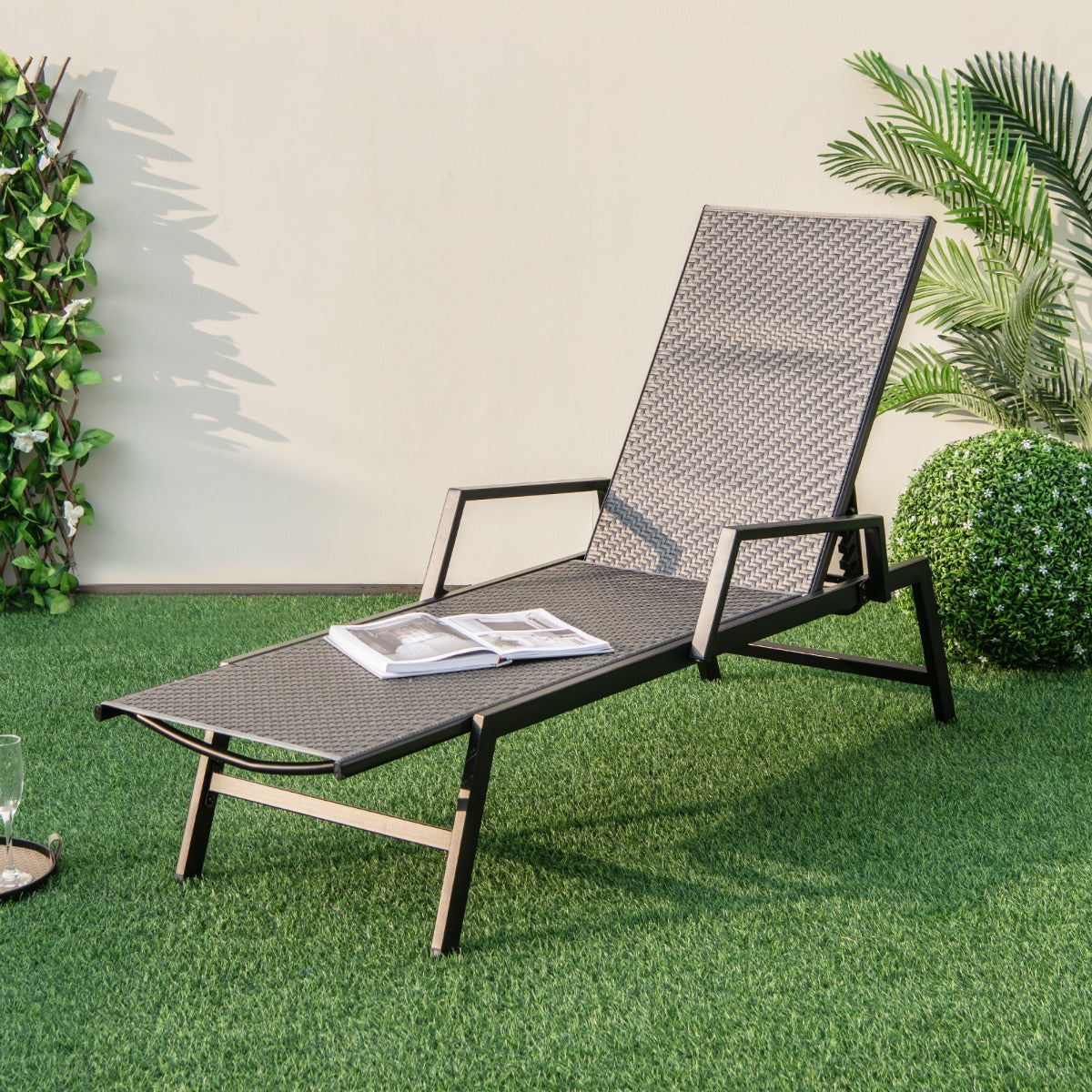 Wide outdoor chaise seat and high backrest provide comfortable support for extended lounging