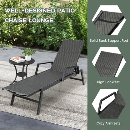 Costway Outdoor Rattan Chaise Lounge Reclining Chair with Armrests and 5-Position Backrest-Brown