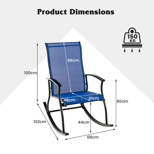 Two outdoor rocking chairs feature a gentle 15-degree rocking angle for soothing relaxation and stress relief