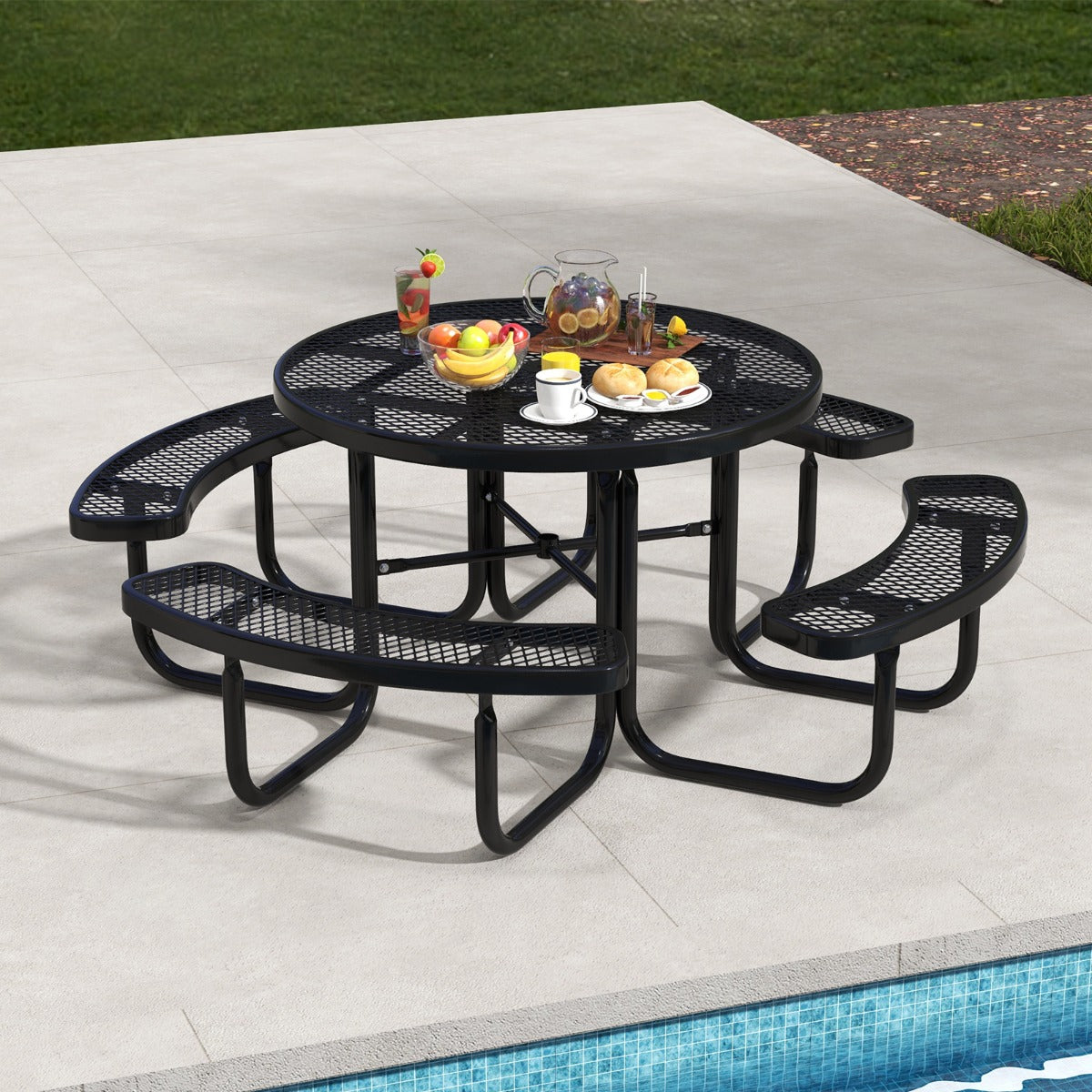 Built-in umbrella hole and cross holder help create a shaded and stable dining area
