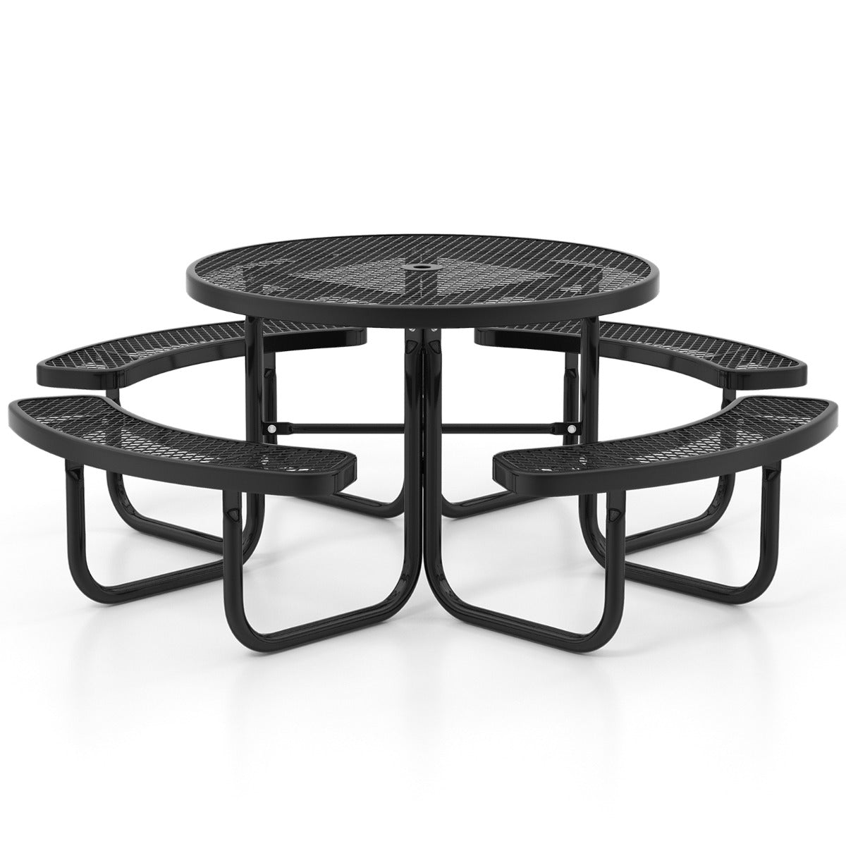 Large round patio table set blends with yards, decks, poolside areas, and restaurants