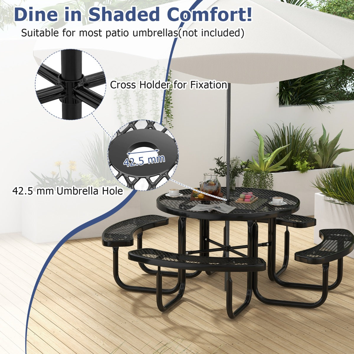 Circular outdoor dining table features four spacious benches for family meals and gatherings