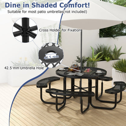 Circular outdoor dining table features four spacious benches for family meals and gatherings
