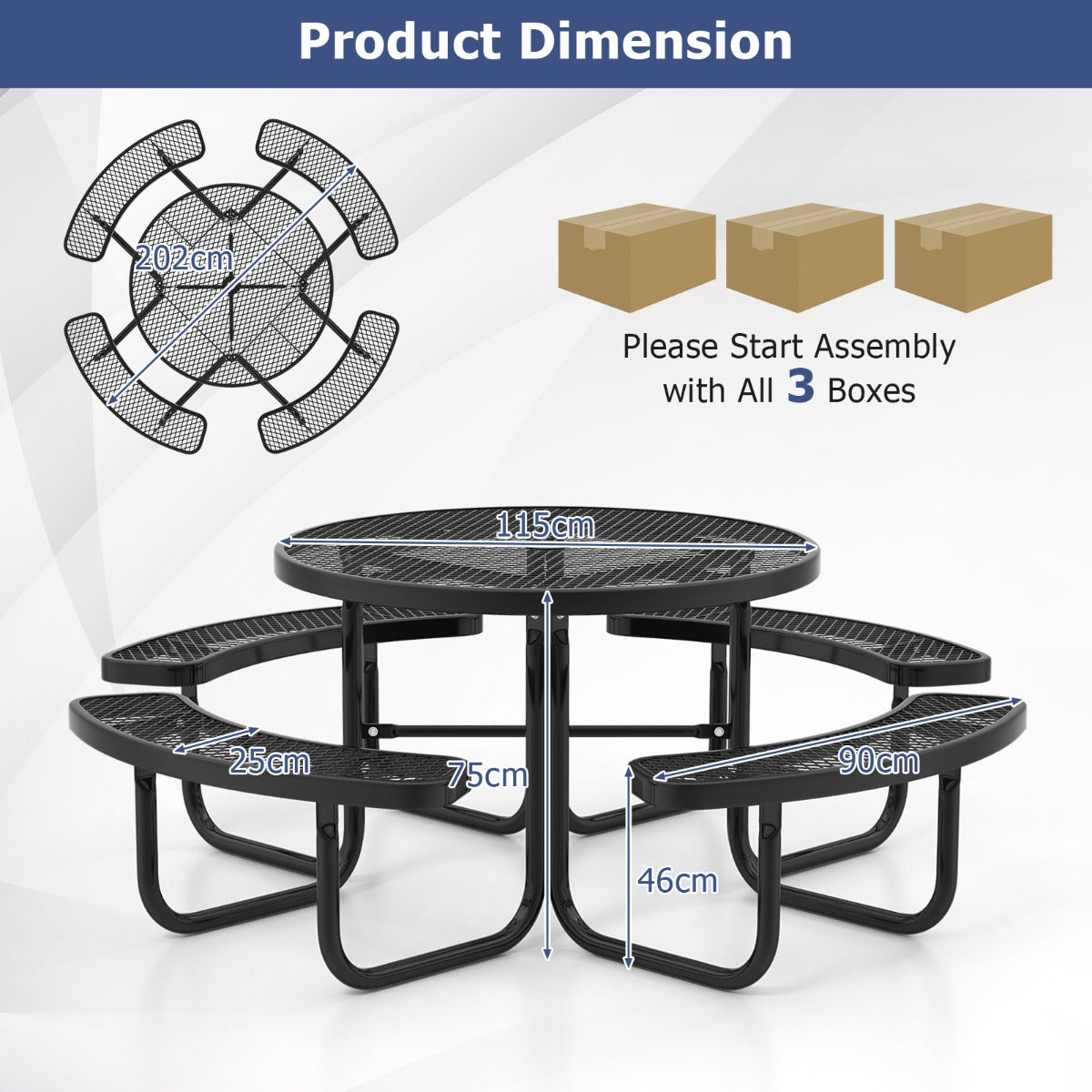 Round black picnic table with four curved benches providing seating for up to eight people