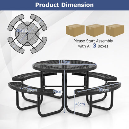 Round black picnic table with four curved benches providing seating for up to eight people