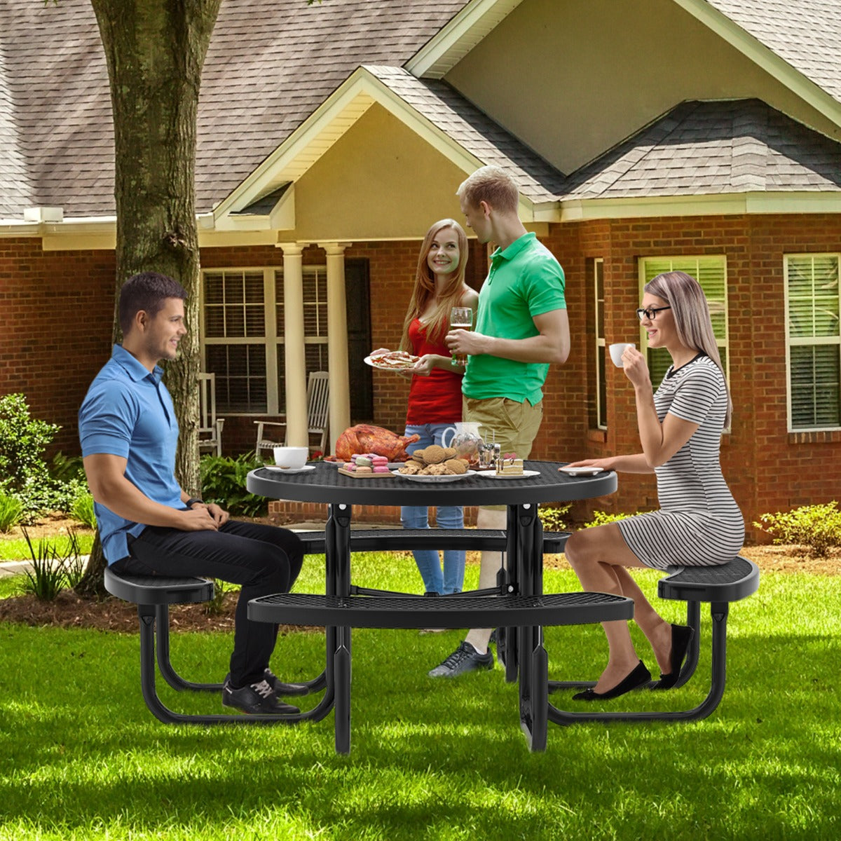 Metal mesh tabletop and benches promote drainage and make the picnic set easy to maintain
