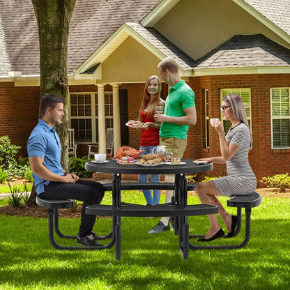 Metal mesh tabletop and benches promote drainage and make the picnic set easy to maintain