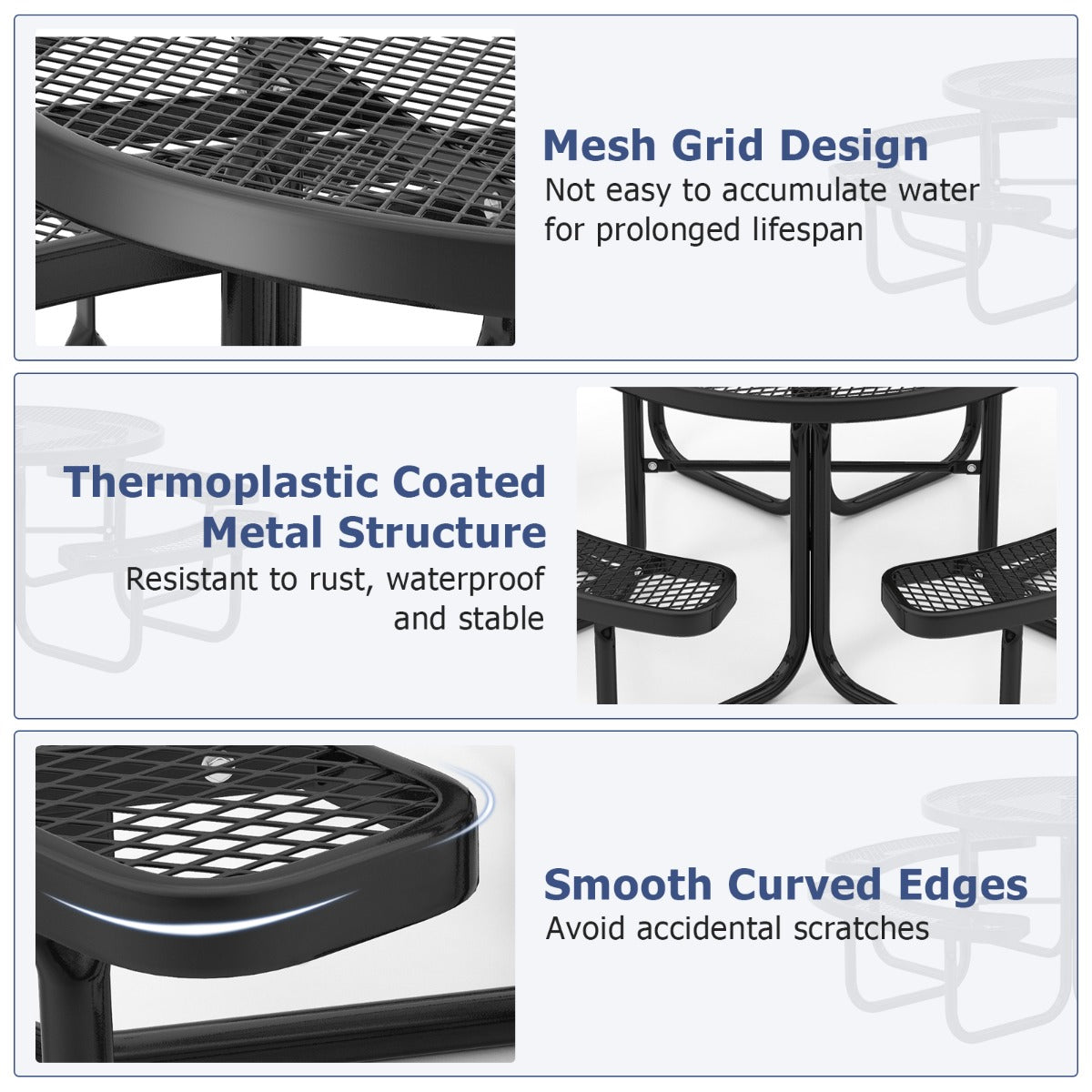 Black commercial picnic table set is suitable for barbecues, picnics, parties, and events