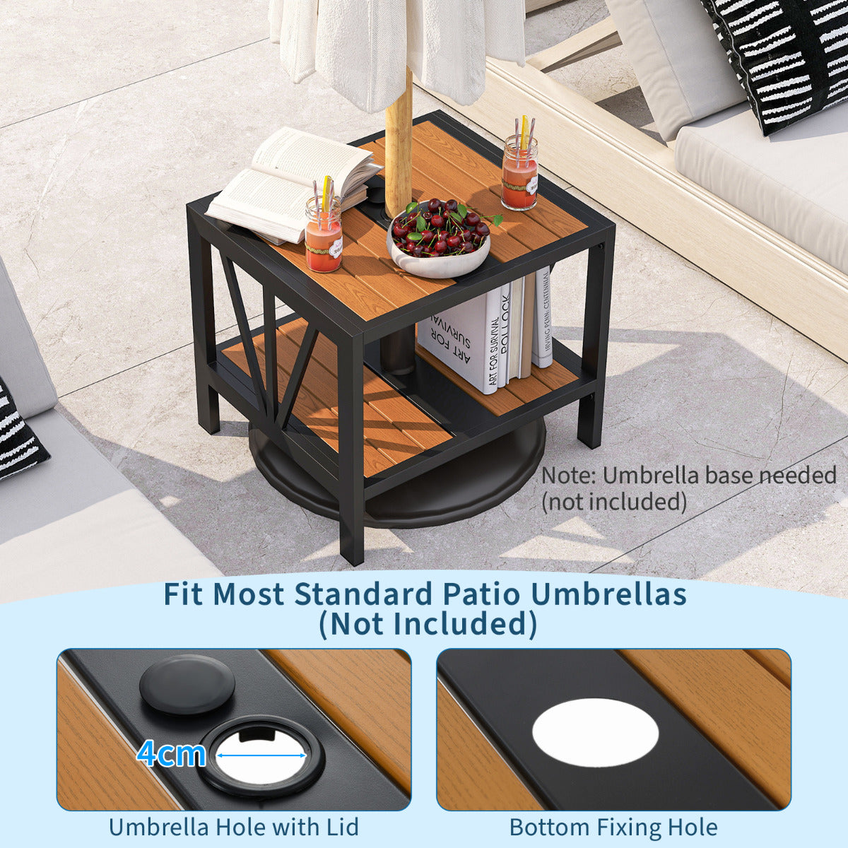 Outdoor Side Table with 4 cm Umbrella Hole and Storage Shelf