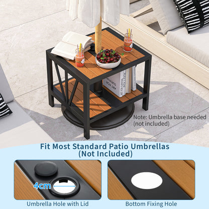 Outdoor Side Table with 4 cm Umbrella Hole and Storage Shelf