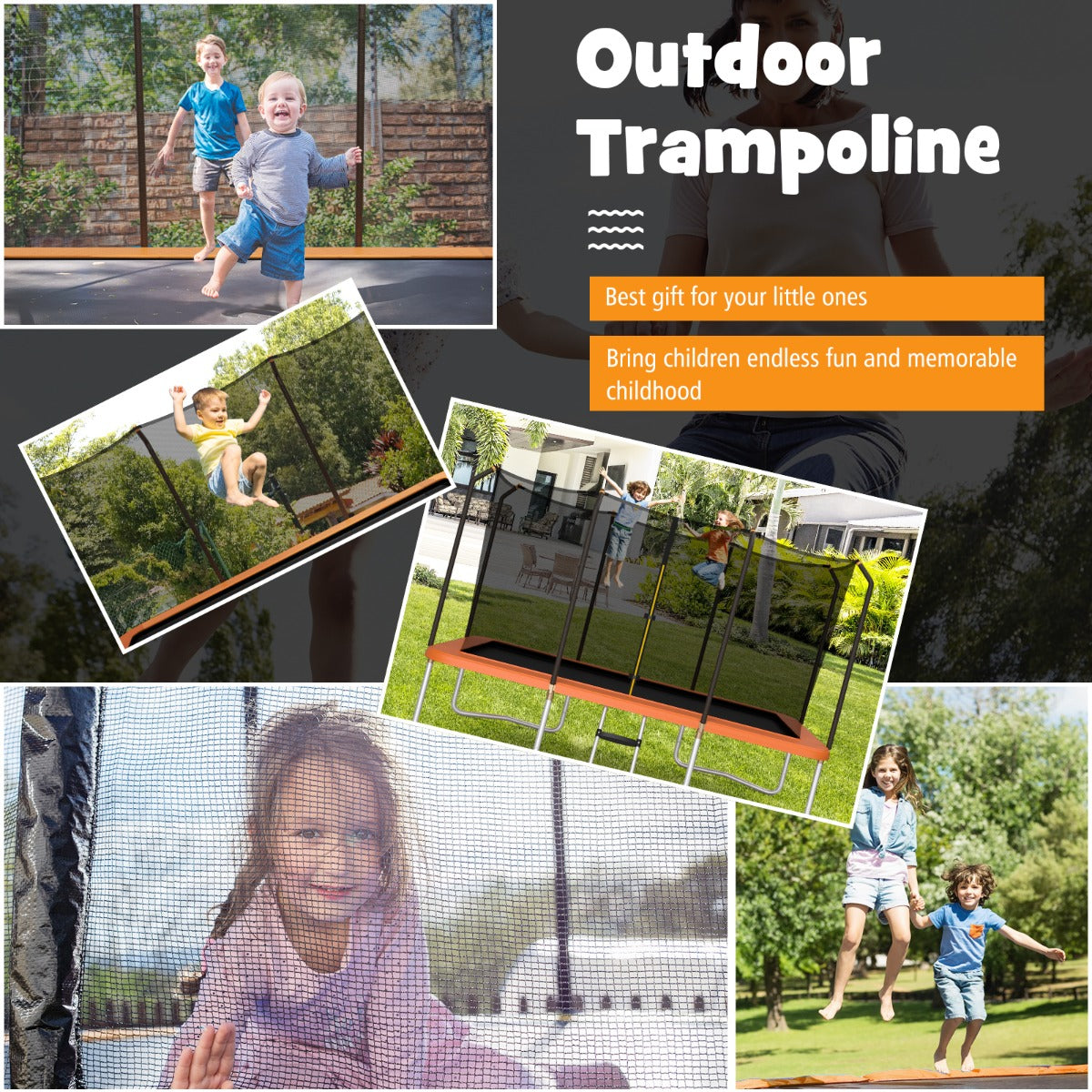 430 cm x 250 cm Rectangular Trampoline with Enclosure Net for Kids and Adults-Orange