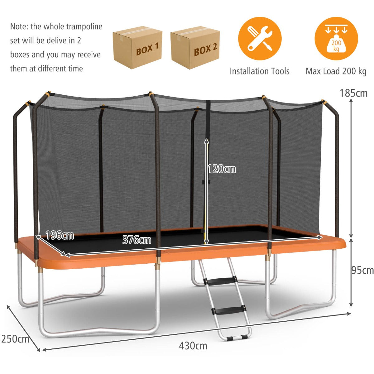 430 cm x 250 cm Rectangular Trampoline with Enclosure Net for Kids and Adults-Orange
