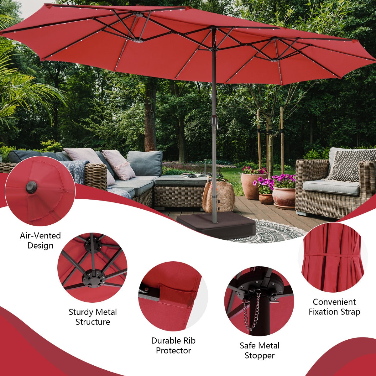 Large solar market umbrella with weighted base is ideal for yards, lawns, gardens, and outdoor lounges