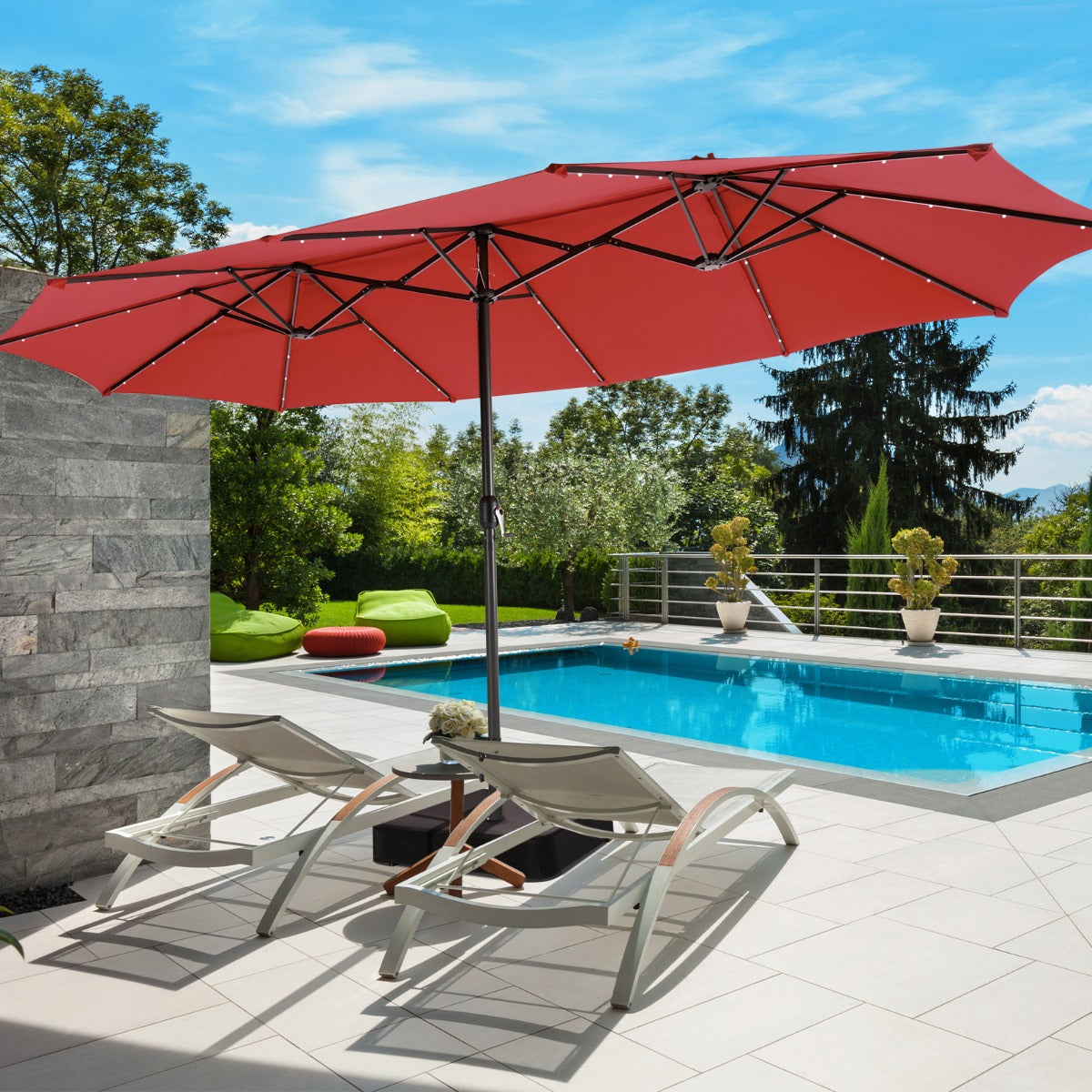 Large vented garden umbrella improves air circulation and helps create a cooler shaded seating area