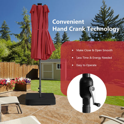 Cross-base twin umbrella includes two fillable sandbags holding up to 160 kg for strong wind resistance
